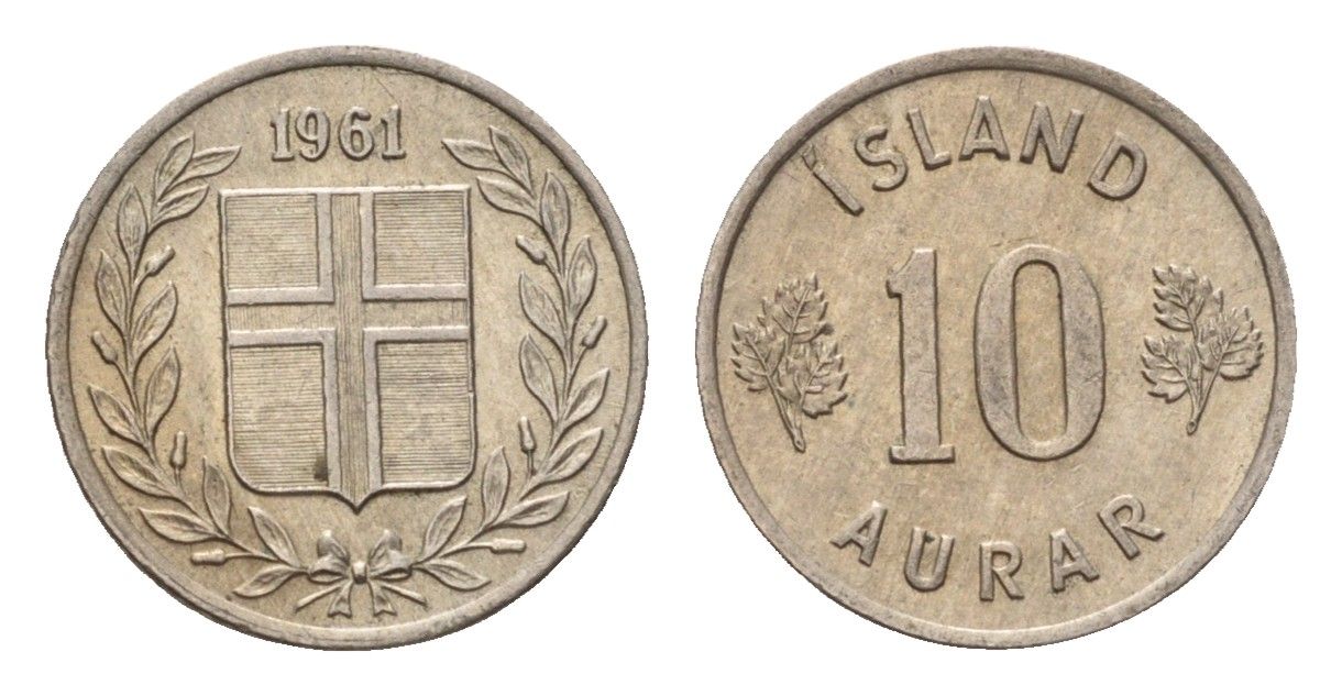 Исландия 10 эйре 1961 KM 10 медно-никель aUNC 4690-664
