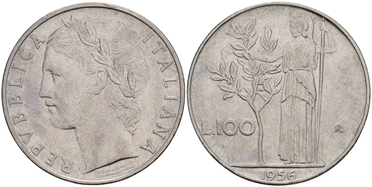 Италия 100 лир 1956 R, Афина у оливкого дерева KM 96.1 нержавеющая сталь 4131-823