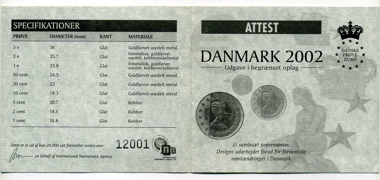 Дания евронабор из 8 монет 2002 в оригинальной коробке, с сертификатом, PROBA, пробники    PROOF  5-4-6-12