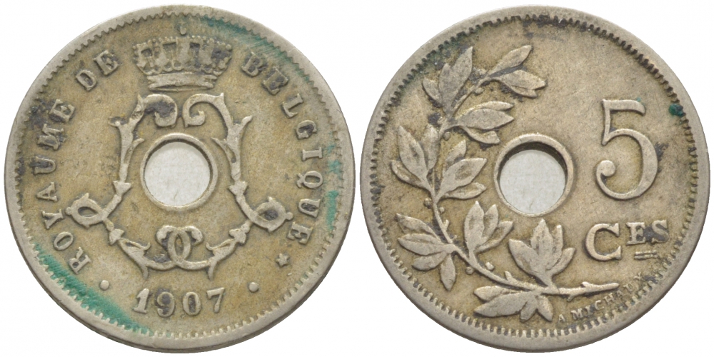БЕЛЬГИЯ 5 САНТИМОВ 1907 BELGIQUE KM 54 медно-никель 116-728
