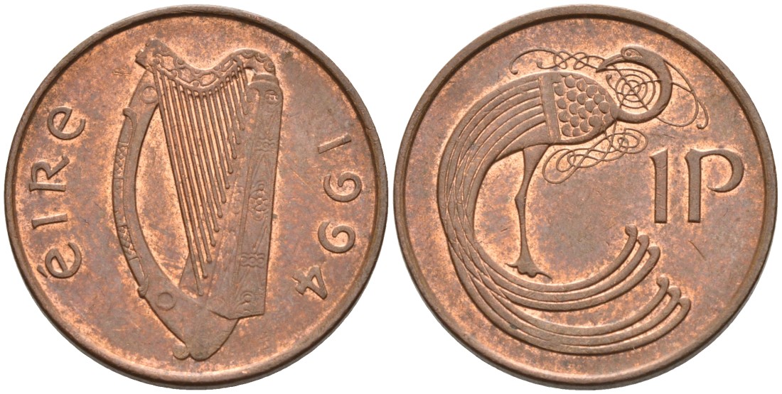 ИРЛАНДИЯ 1 ПЕННИ 1994 ПТИЧКА KM 20а сталь плакированная медью 92-213