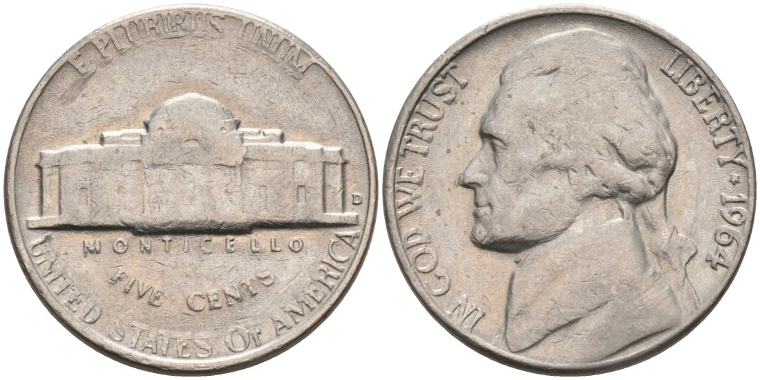 США 5 центов 1964 D, Джефферсон KM А192 медно-никель 92-1123