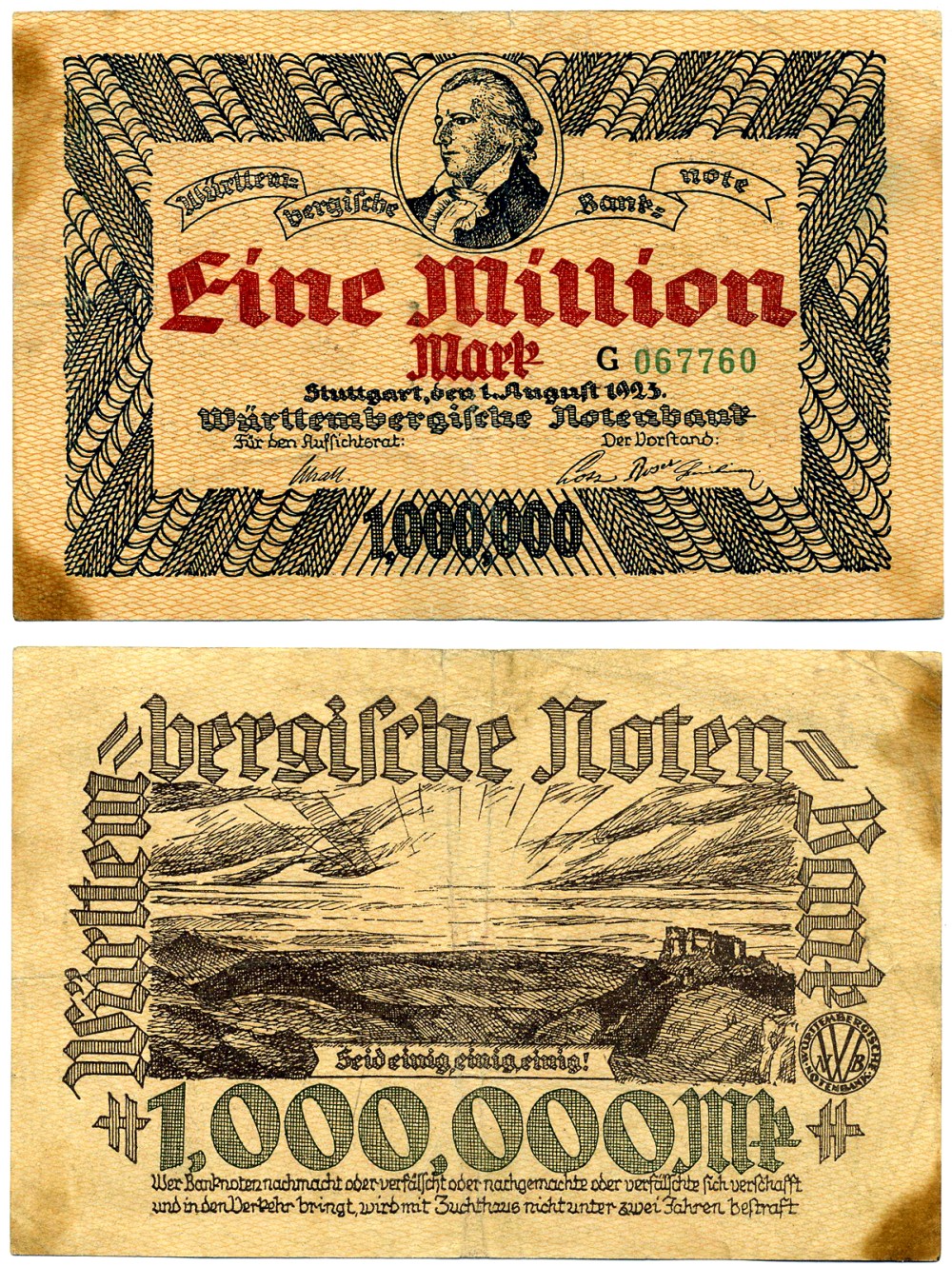 Штутгарт 1000000 марок (1 миллион) 1923 1 августа 1923, нотгельд, Wurtembergische Notenbanc, серия G067760, красивый номер, радар, земля Баден-Вюртемберг Keller 4930d  бумага   2194-2-2-2