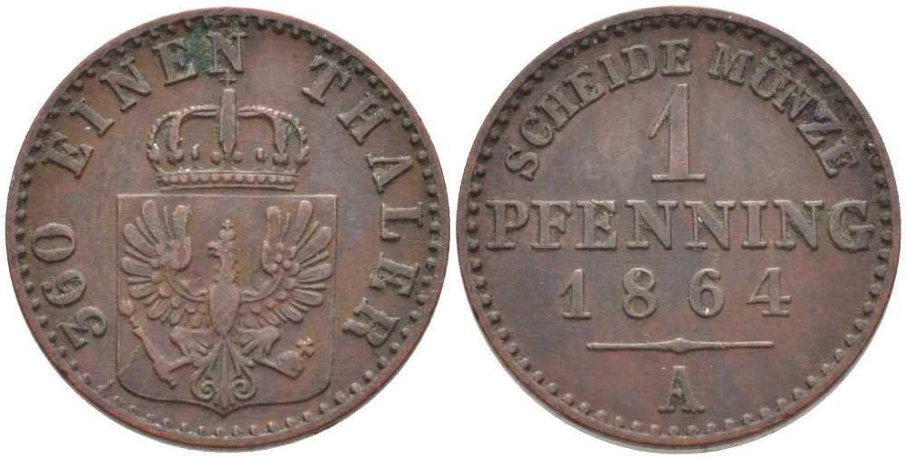 ПРУССИЯ 1 ПФЕННИГ 1864 А, ВИЛЬГЕЛЬМ I (1861-1888) KM 480 медь 201-542