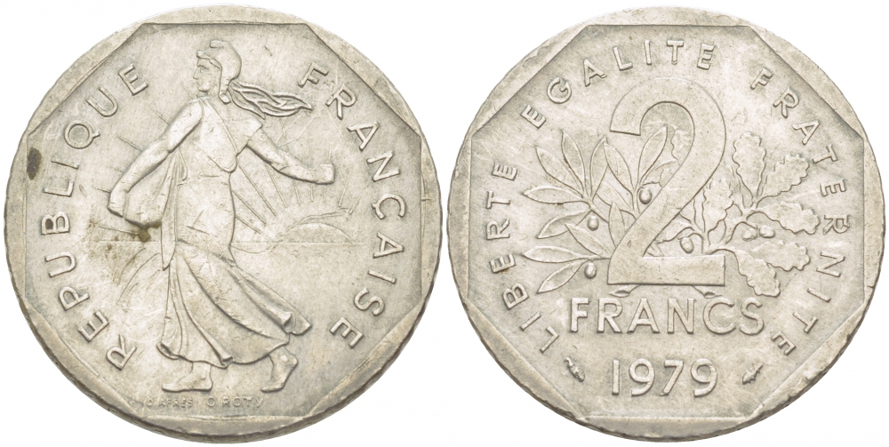 ФРАНЦИЯ 2 ФРАНКА 1979 СЕЯТЕЛЬ KM 942.1, LE FRANC 272.3 никель 4402-1135