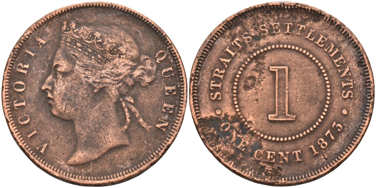 Стрейтс-Сетлментс 1 цент 1873 Виктория (1837-1901), Ост-Индская компания KM 9 медь 4590-316