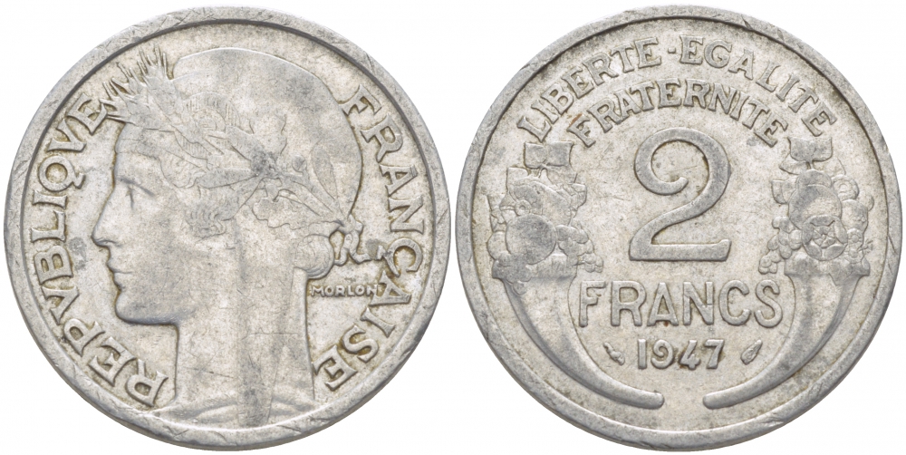 Франция 2 франка 1947 KM 886а.1 алюминий 4402-946