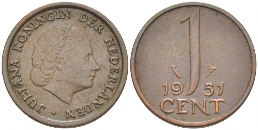 Нидерланды 1 цент 1951 Юлиана (1948-1980) КМ 180 бронза 3457-1265