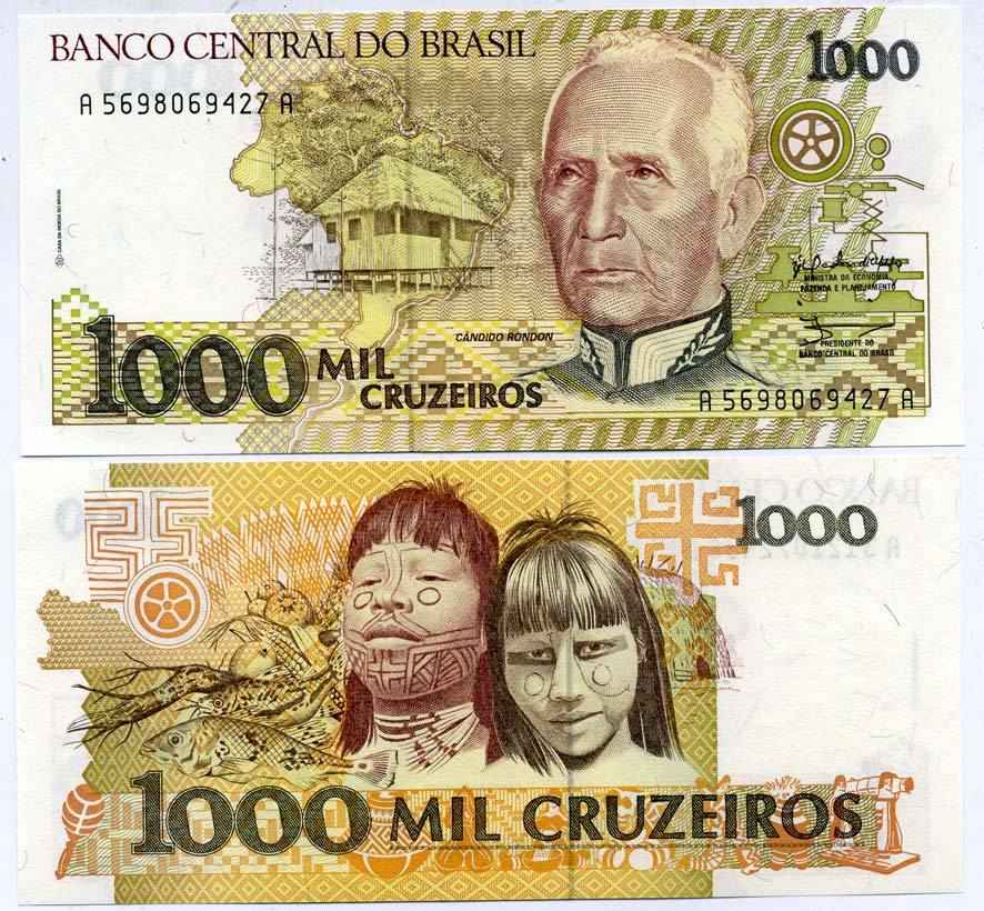 Бразилия 1000 крузейро ND (1990) серия A 5698, Кандиду Рондон Pick 231 a бумага UNC (пресс) 7551-37-1-2