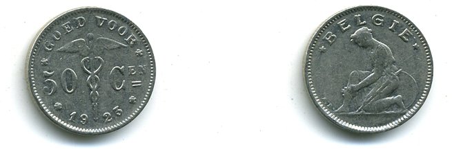 БЕЛЬГИЯ 50 САНТИМОВ 1923 BELGIE KM 88 никель 41-715