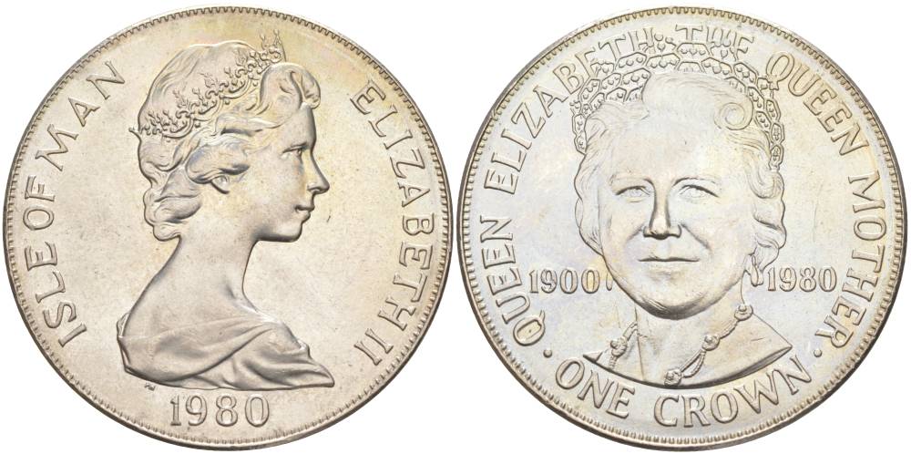 Остров Мэн 1 крона 1980 80 лет королеве Елизавете, королеве-матери KM 68 медно-никель UNC 118-1225