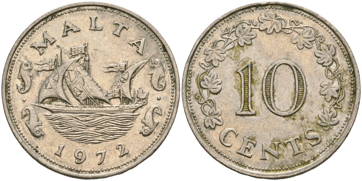Мальта 10 центов 1972 баржа Великого магистра KM 11 медно-никель 4137-833