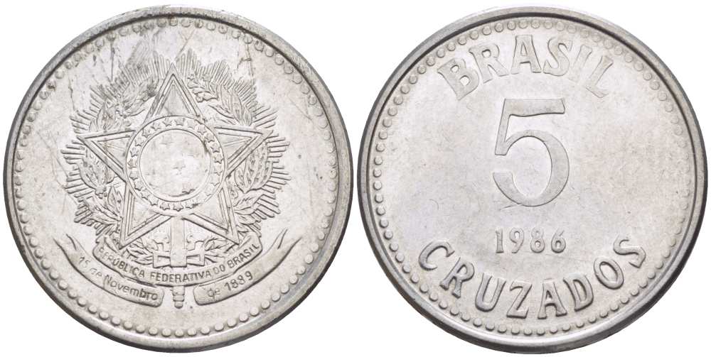 Бразилия 5 крузадо 1986 реформа (1986-1989) KM 606 нержавеющая сталь 24-424