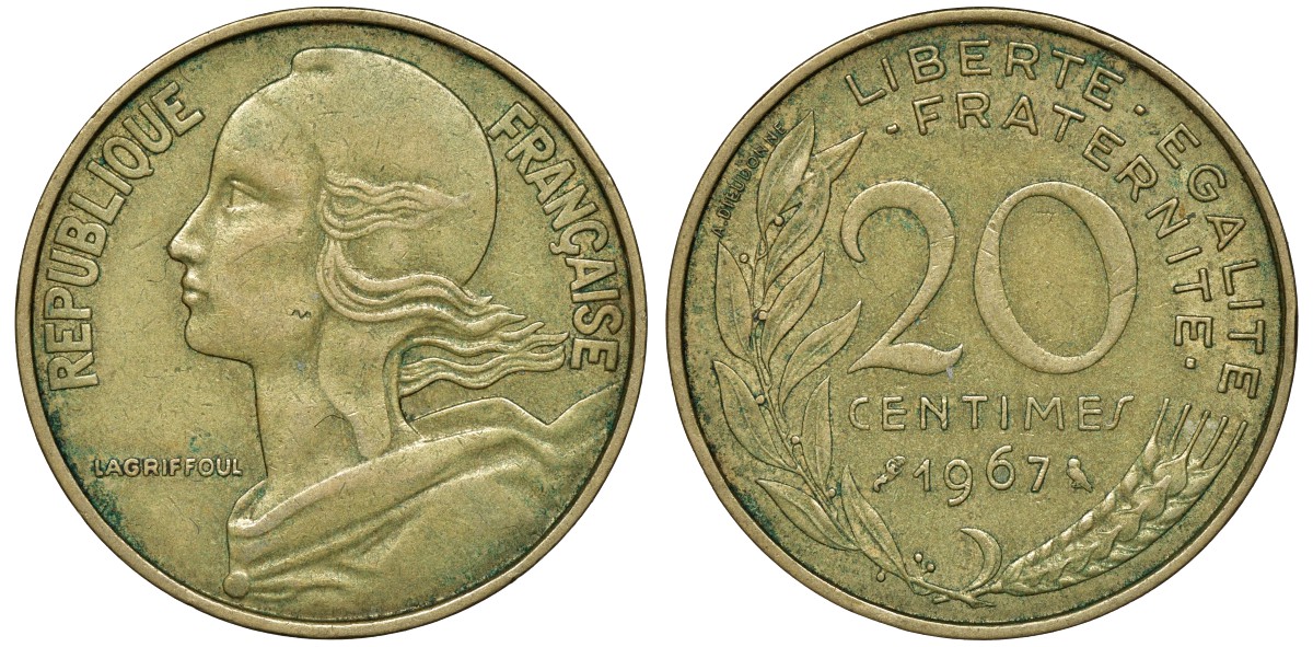 ФРАНЦИЯ 20 САНТИМОВ 1967 KM 930 медь алюминий никель 72-1416