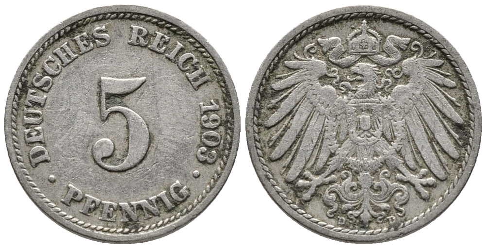 ГЕРМАНИЯ 5 ПФЕННИГОВ 1903 D KM 11, J. 12 медно-никель 39-763