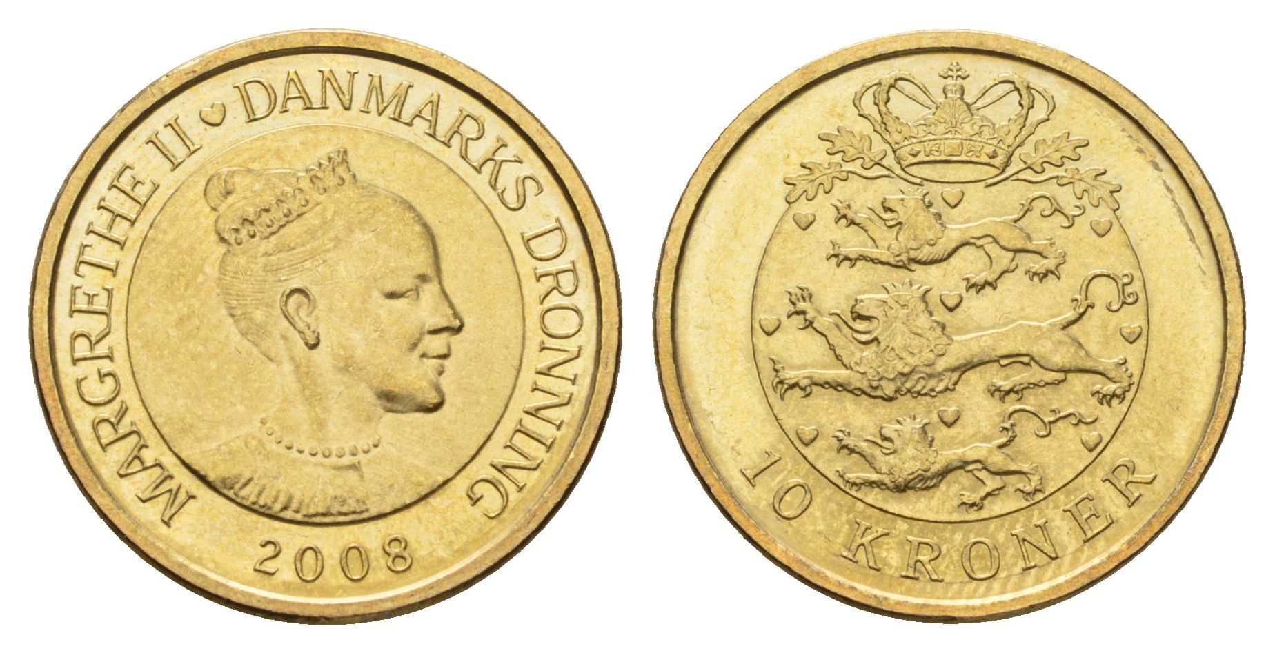 Дания 10 крон 2008 NR, Маргрете II (1972-2024) KM 896 алюминиевая бронза UNC 119-1256