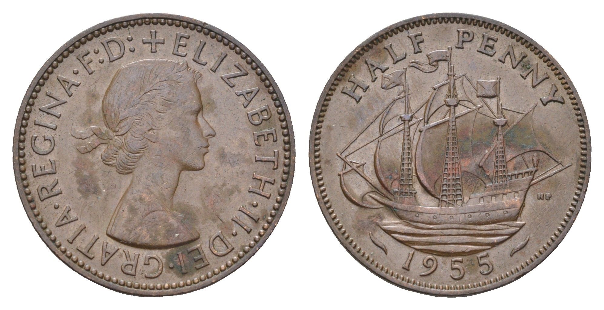 Великобритания 1/2 пенни 1955 Елизавета II (1952-2022) KM 896, Spink 4158 бронза    4660-634