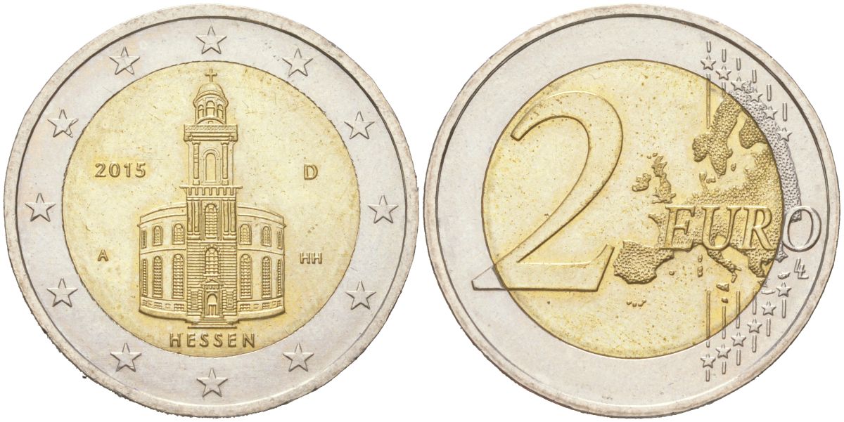 ФРГ 2 евро 2015 A, Церковь Св. Павла во Франкфурт-на-Майне, Гессен KM 336 биметал UNC 4150-1254