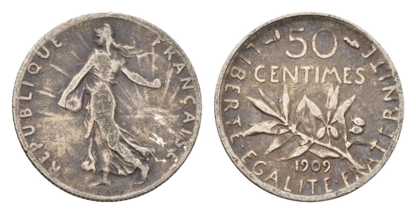 Франция 50 сантимов 1909 KM 854 серебро 54-643