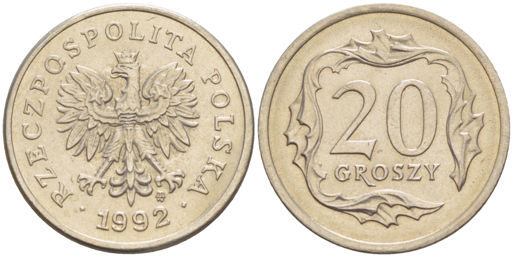 Польша 20 грошей 1992 MW KM 280 медно-никель UNC 4516-1226