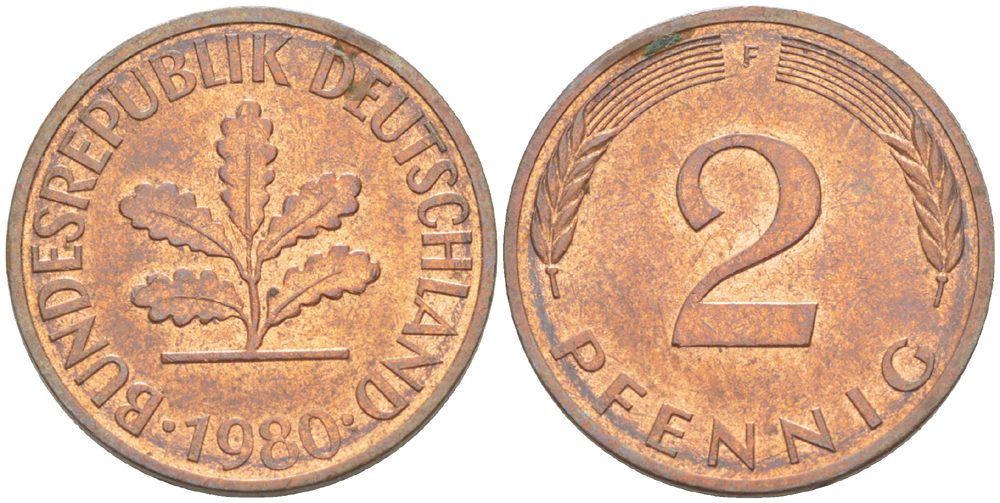 ФРГ 2 ПФЕННИГА 1980 F KM 106а, J. 381а сталь плакированная сталь плакированная медьюю 4181-836