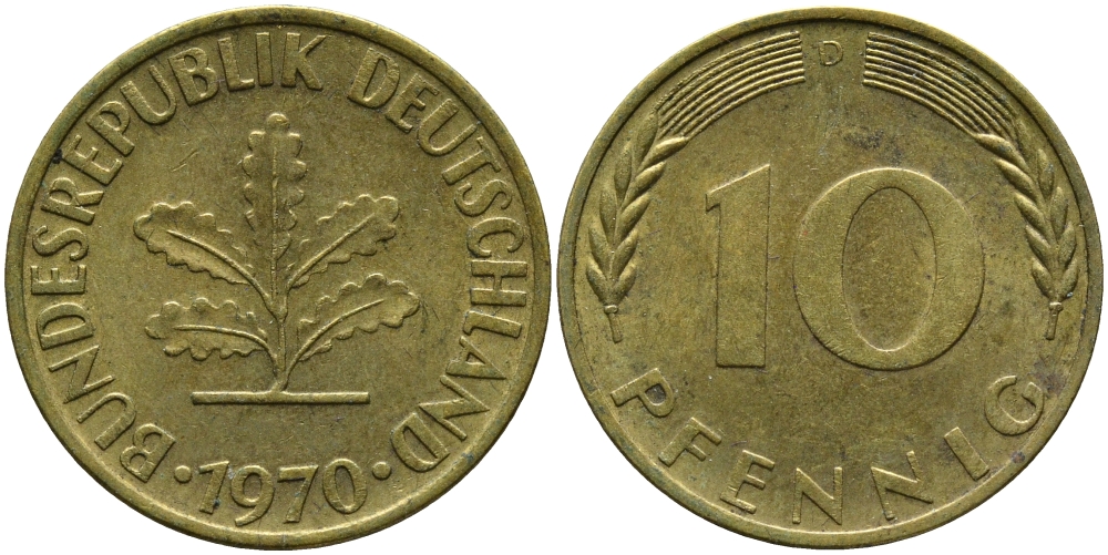 ФРГ 10 ПФЕННИГОВ 1970 D KM 108, J.383 сталь плакированная латунью 98-434