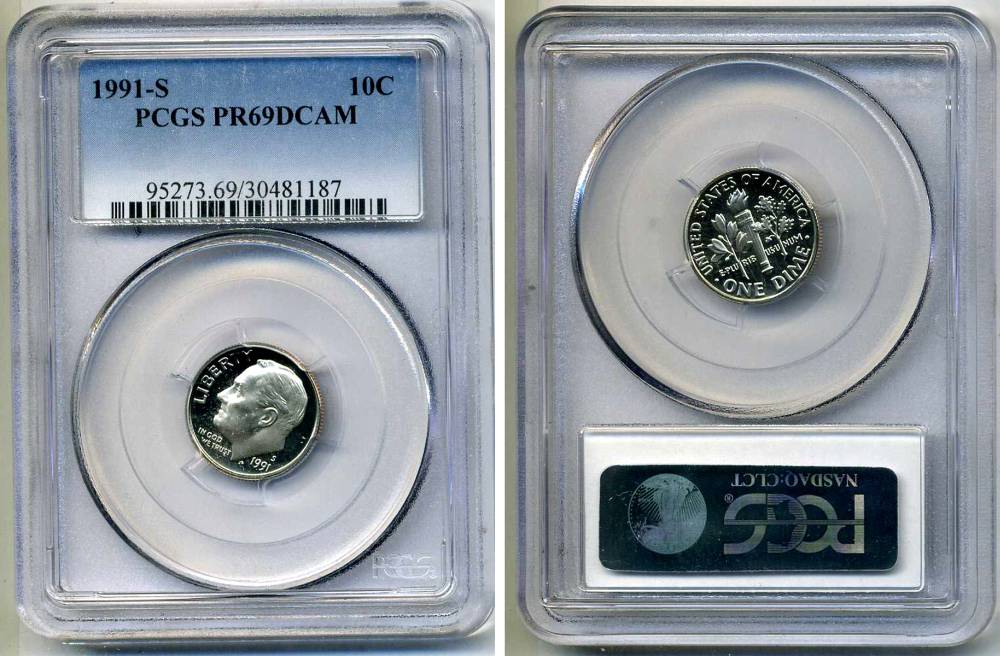 США 10 центов (дайм) 1991 S, президент Рузвельт, в слабе PCGS PR69CAM KM 195а медь плакированная медно-никелем PROOF 15-002-11
