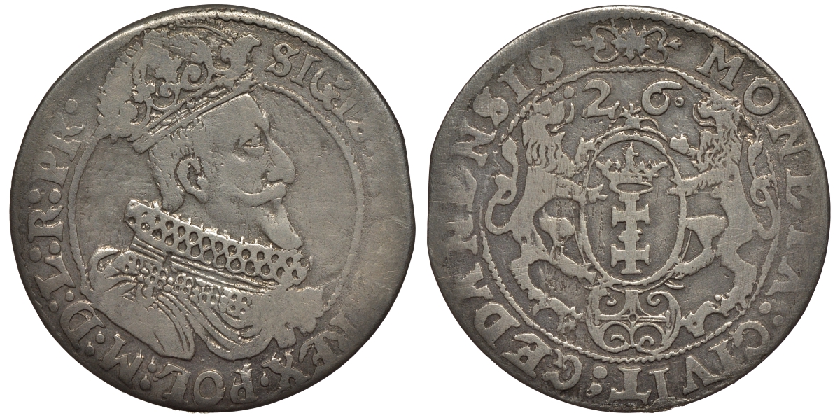 Данциг, Польша орт (1/4 талера) 1626 Сигизмунд III Ваза (1587-1632) KM 15.2, Dutkowski/Suchanek 170 серебро 1526-1241