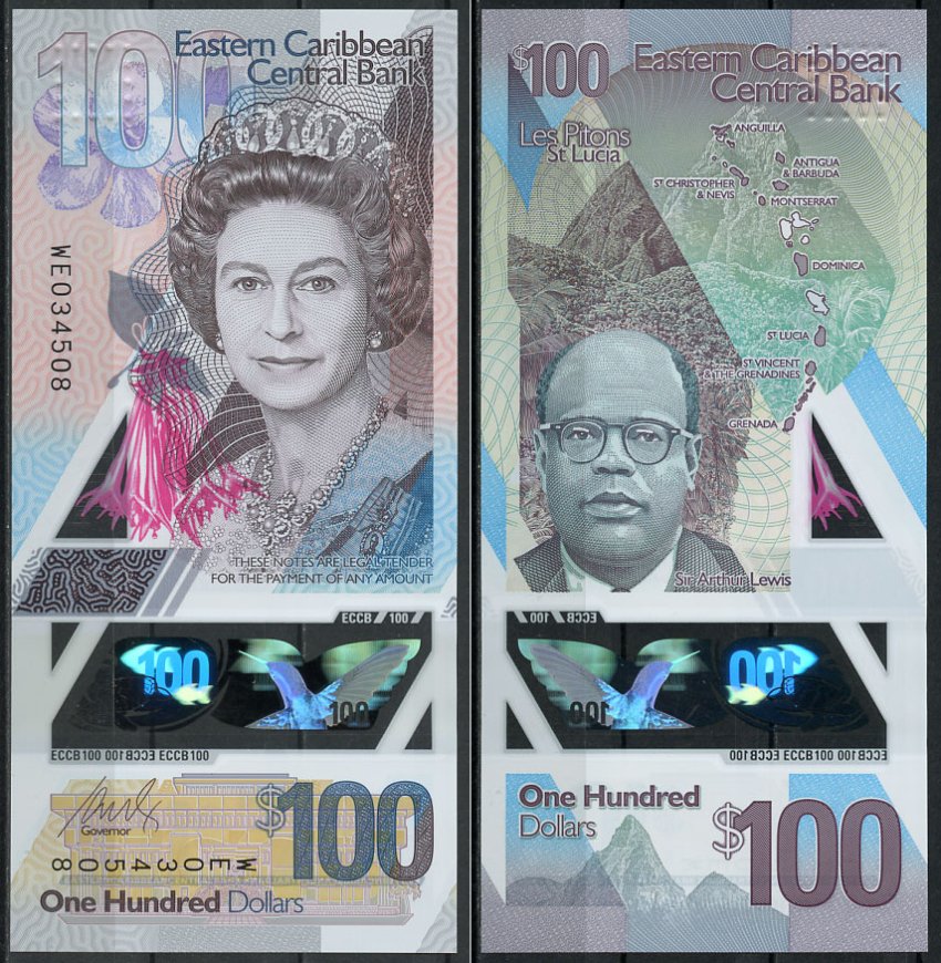Восточно-Карибские штаты 100 долларов ND (2019) Елизавета II, Артур Льюис Pick NEW  пластик  UNC (пресс) 000-000-00