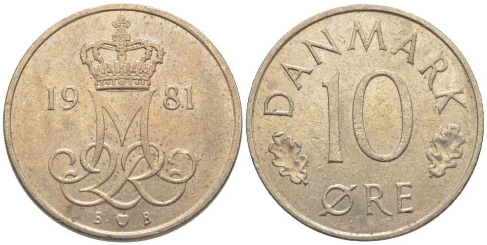 ДАНИЯ 10 ЭРЕ 1981 B; B, МАРГРЕТЕ II (1972-) KM 860.2 медно-никель 116-252