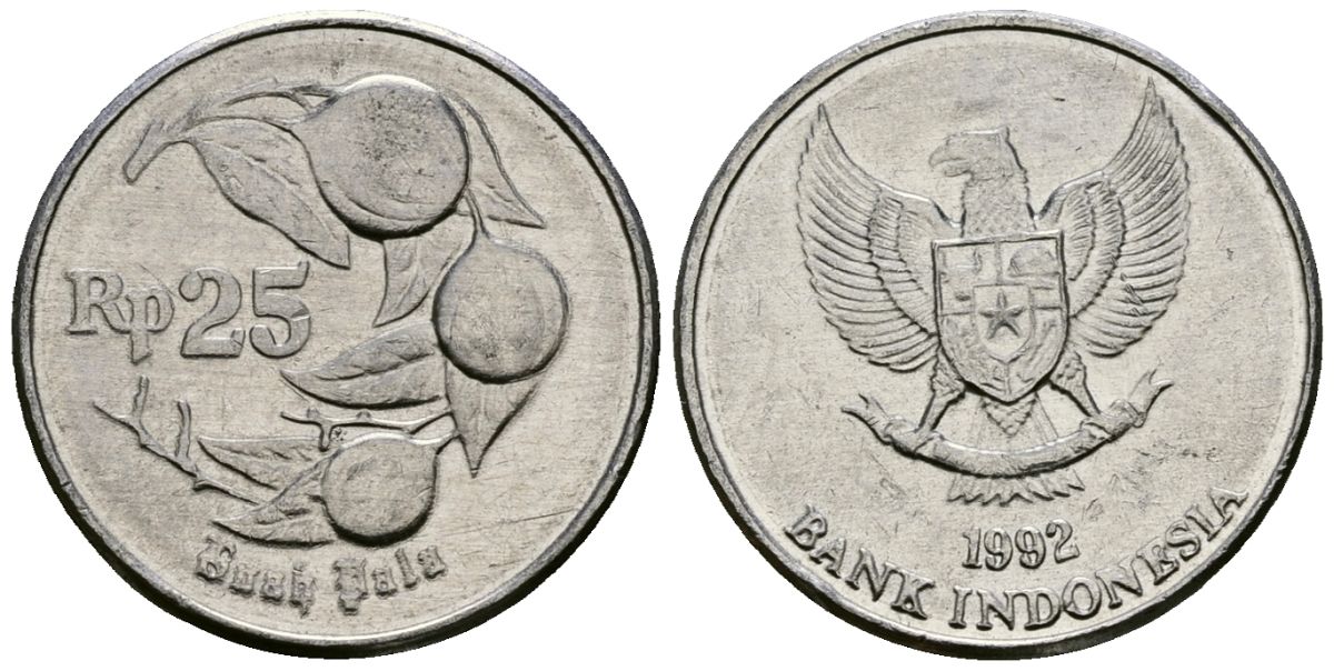 Индонезия 25 рупий 1992 мускатный орех KM 55 алюминий 4136-1038