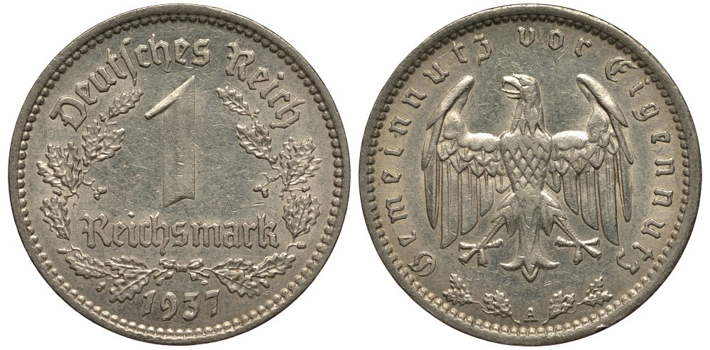 ГЕРМАНИЯ 1 РЕЙХСМАРКА 1937 A J. 354, KM 78 никель 413-5031