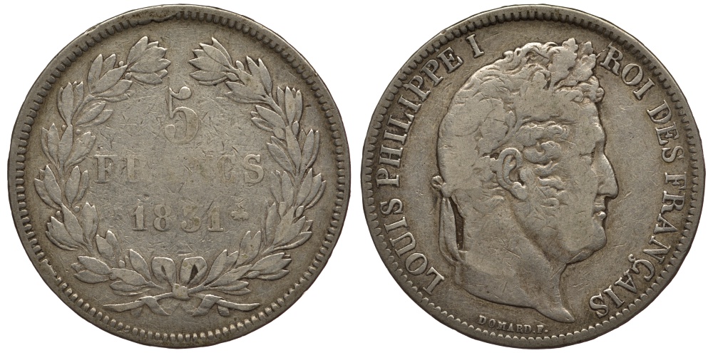 Франция 5 франков 1831 B, Луи Филипп I (1830-1848) KM 735.2 серебро 3896-942