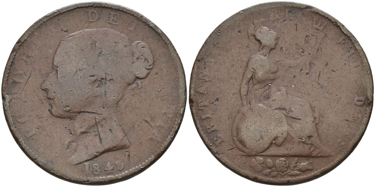 Великобритания 1/2 пенни 1843 Виктория (1837-1901) KM 726, Spink 3949 медь 4126-726