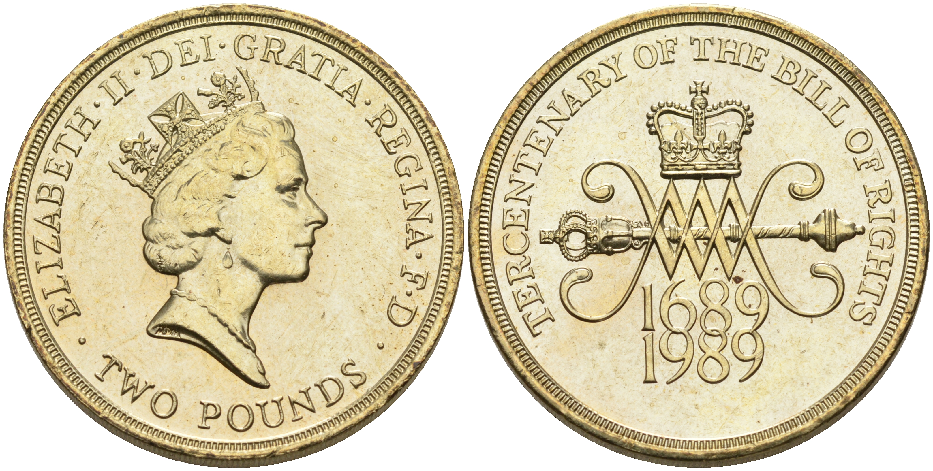 Великобритания 2 фунта 1989 Елизавета II (1952-2022), 300 лет "Биллю о правах" Англии KM 960, Spink 4312 (K2) никель латунь UNC 4557-345