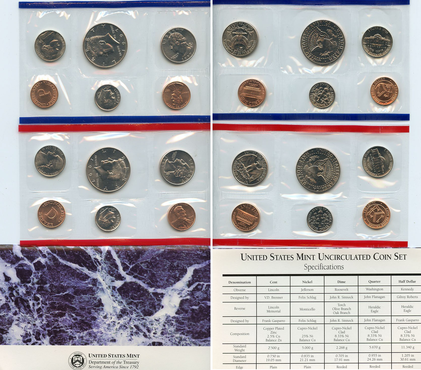 США официальный набор из 10 монет и 2 жетонов 1997 1, 5, 10, 25 и 50 центов, монетные дворы P и D, в оригинальном конверте KM MS 161   UNC  1181-4-09