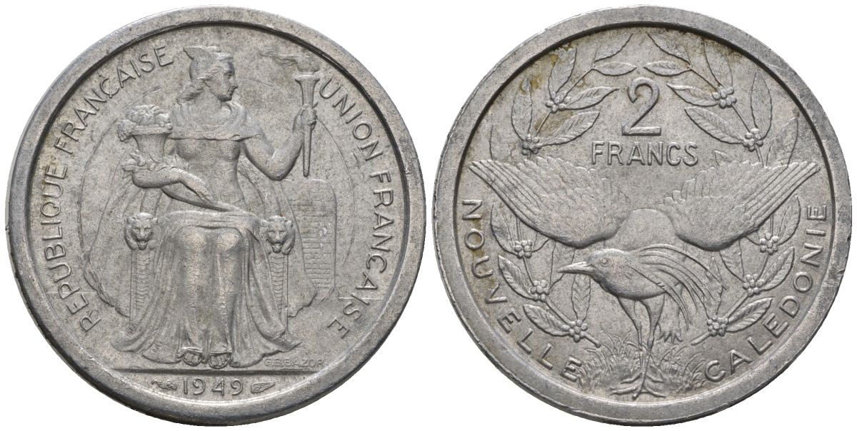 Французская Новая Каледония 2 франка 1949 птица кагу, (IEOM) KM 3, Schoen 3, Lec 55 алюминий    08-442