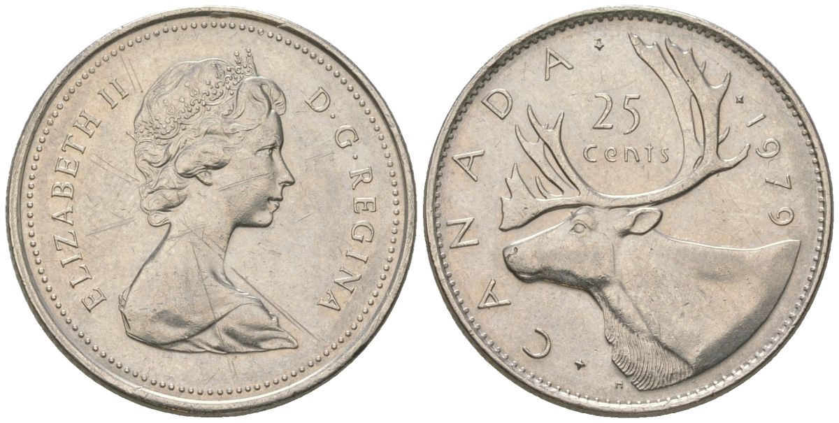 Канада 25 центов 1979 Елизавета II (1952-2022), олень KM 74 никель aUNC 4616-753