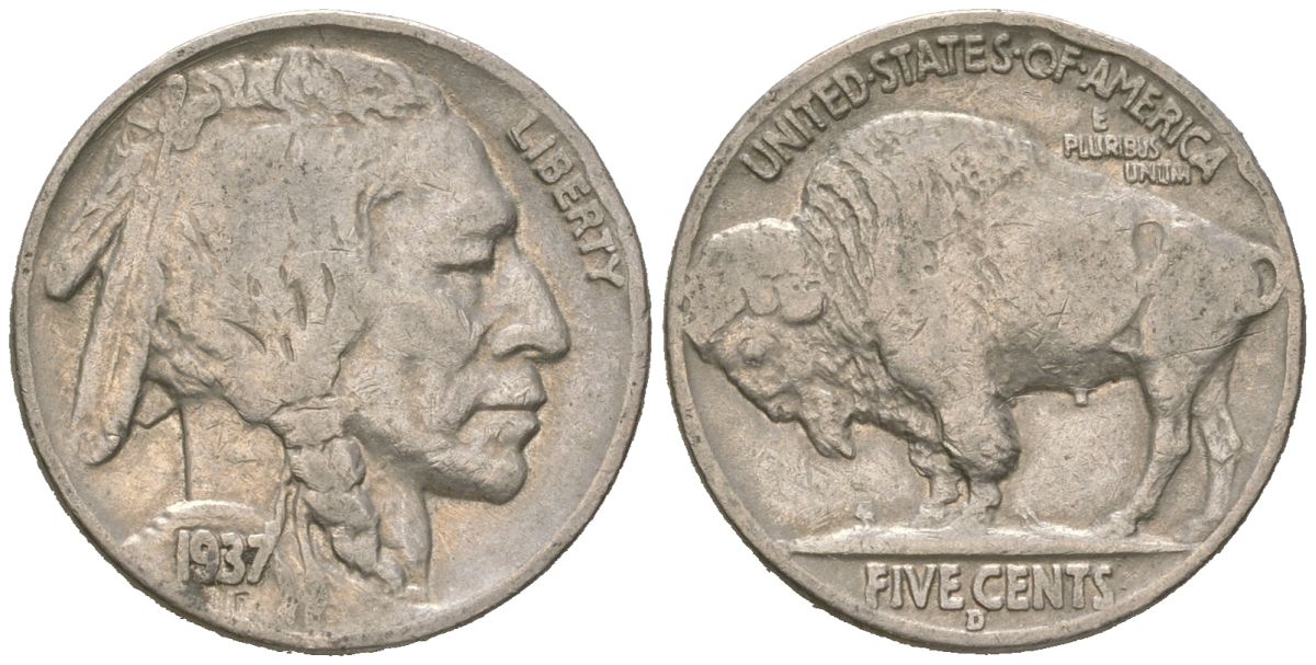 США 5 центов 1937 D, индеец, бизон KM 134 медно-никель 4602-1011