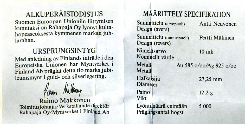 Финляндия 10 марок 1995 М, европейское единство, с сертификатом KM 82а биметалл, серебро, золото PROOF 00-00