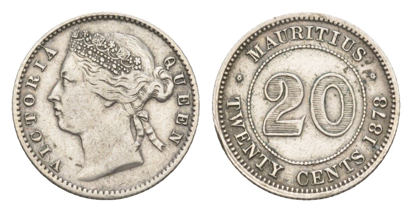 Маврикий 20 центов 1878 Виктория (1837-1901), редкий год, тираж 50.000 экземпляров KM 11 серебро 413-414