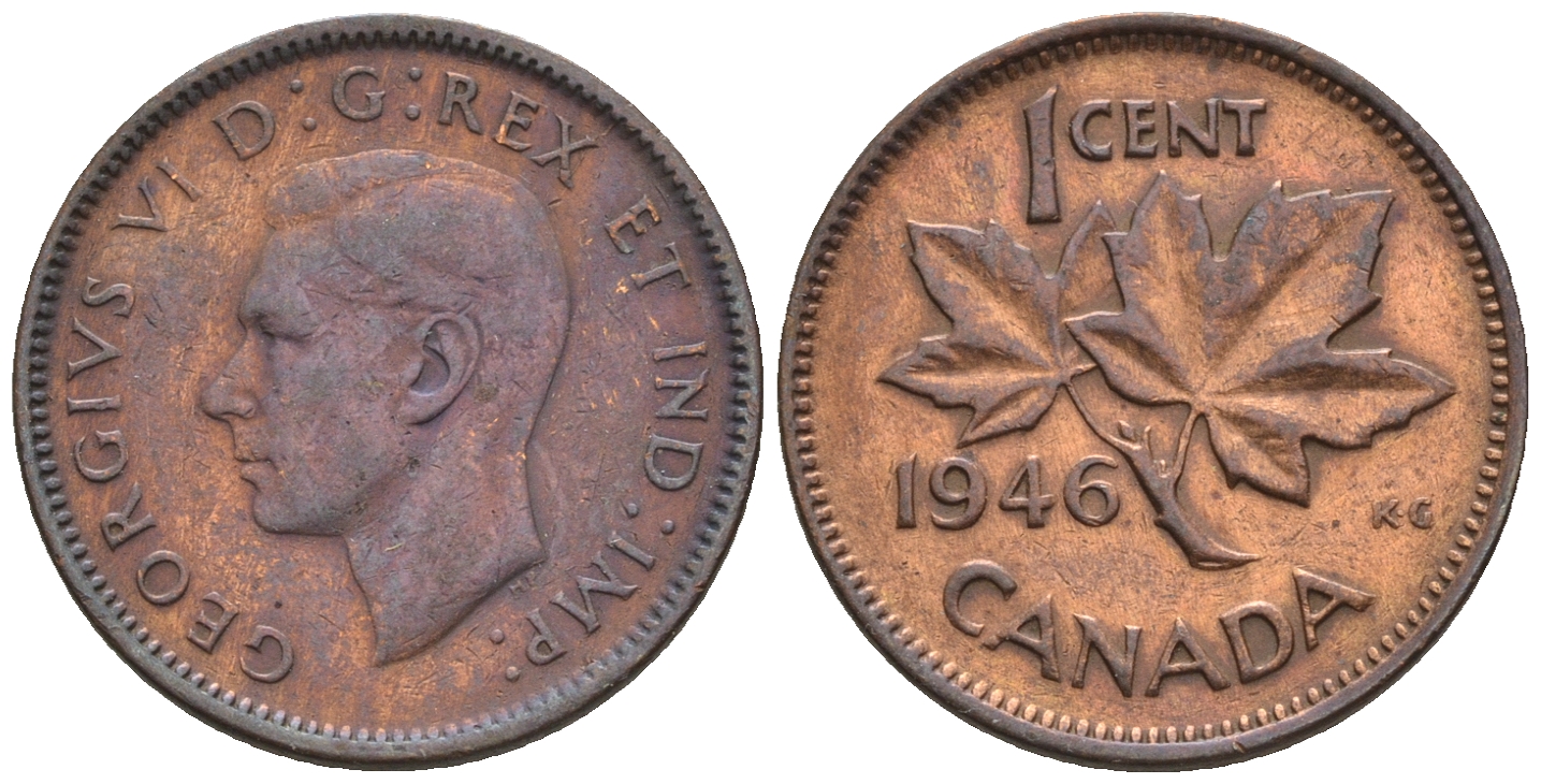 Канада 1 цент 1946 Георг VI (1937-1952), кленовый лист KM 32 бронза 4609-111