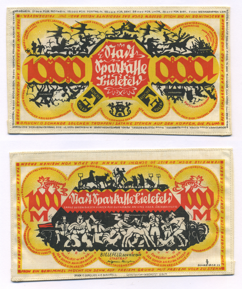 Германия, Билефельд 1000 марок 1922 15 декабря 1922 года, размер 152 Х 86 мм.   шёлк  UNC 2192-96-1-1