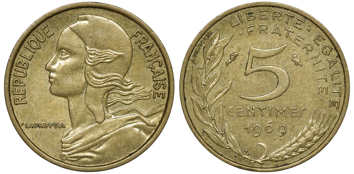 ФРАНЦИЯ 5 САНТИМОВ 1969 ТИП MARIANNE KM 933 медь алюминий никель 72-627