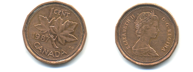 Канада 1 цент 1987 Елизавета II (1952-2022), кленовый лист KM 132 бронза 177-1421