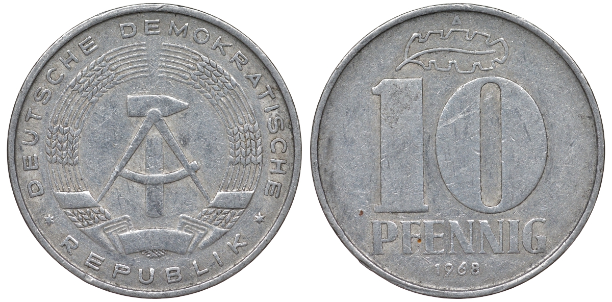 ГДР 10 пфеннигов 1968 A KM 10 алюминий 62-746