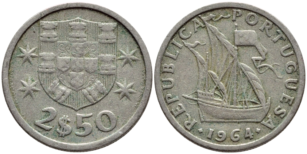 Португалия 2,5 эскудо 1964 парусник KM 590 медно-никель 4396-136