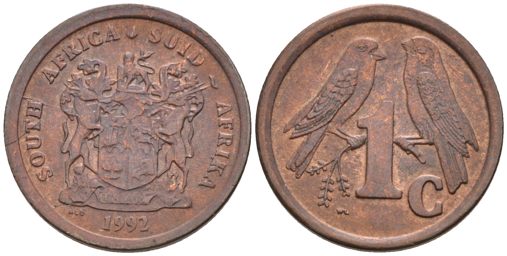 ЮАР 1 ЦЕНТ 1992 ДВЕ ПТИЧКИ НА ВЕТКЕ KM 132 сталь плакированная медью UNC 4594-131