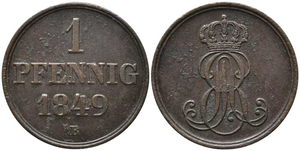 Ганновер 1 пфенниг 1849 B, Эрнст Август (1837-1851) KM 201.1, AKS 129, J. 74 медь 4448-1026