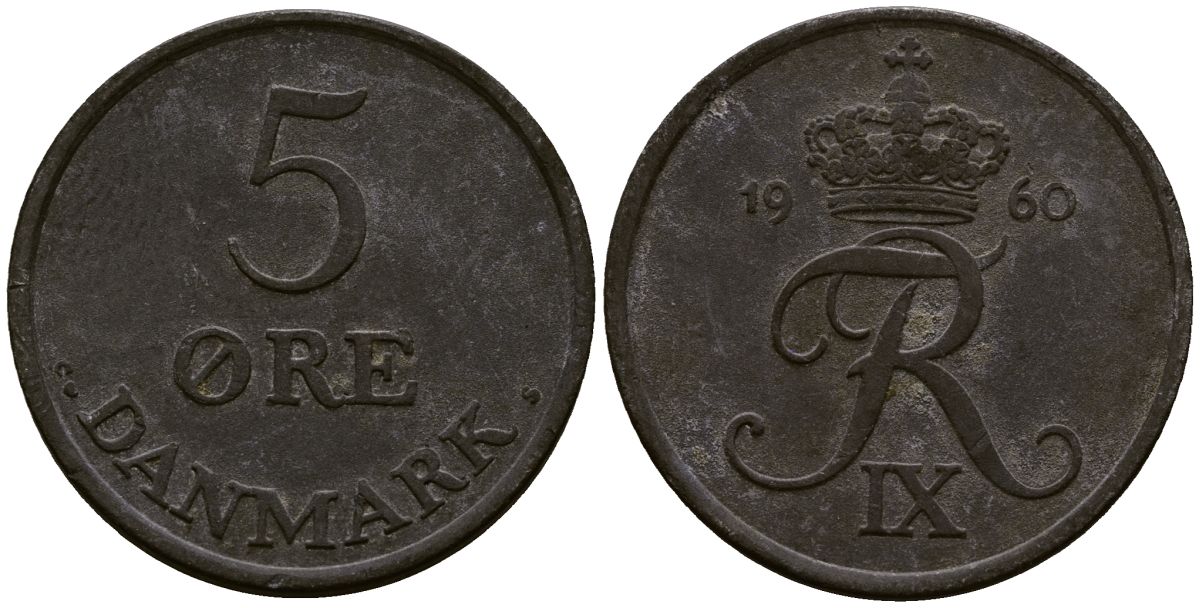 Дания 5 эре 1960 C; S, Фредерик IX (1947-1972) KM 843.2 цинк 4165-933